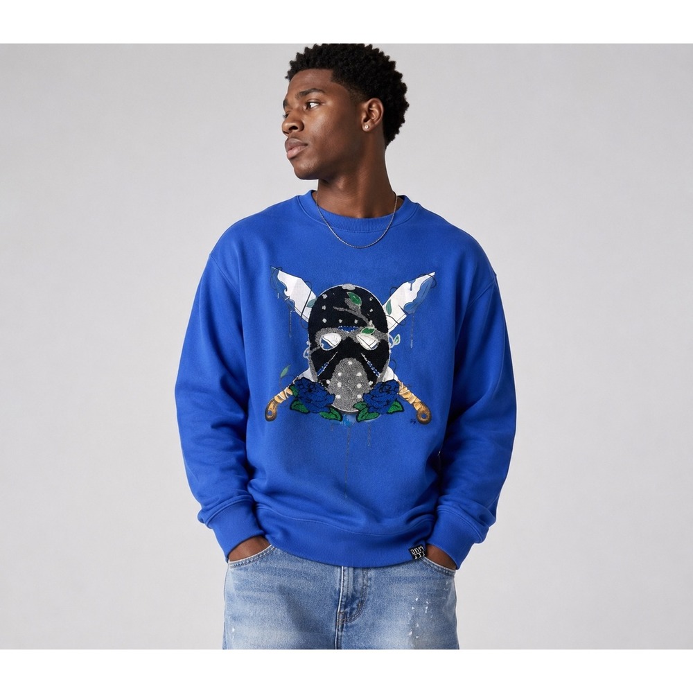 Denimicity Mens XL Blue Graphic Sweatshirt Mask Knives Roses Chenille Streetwear